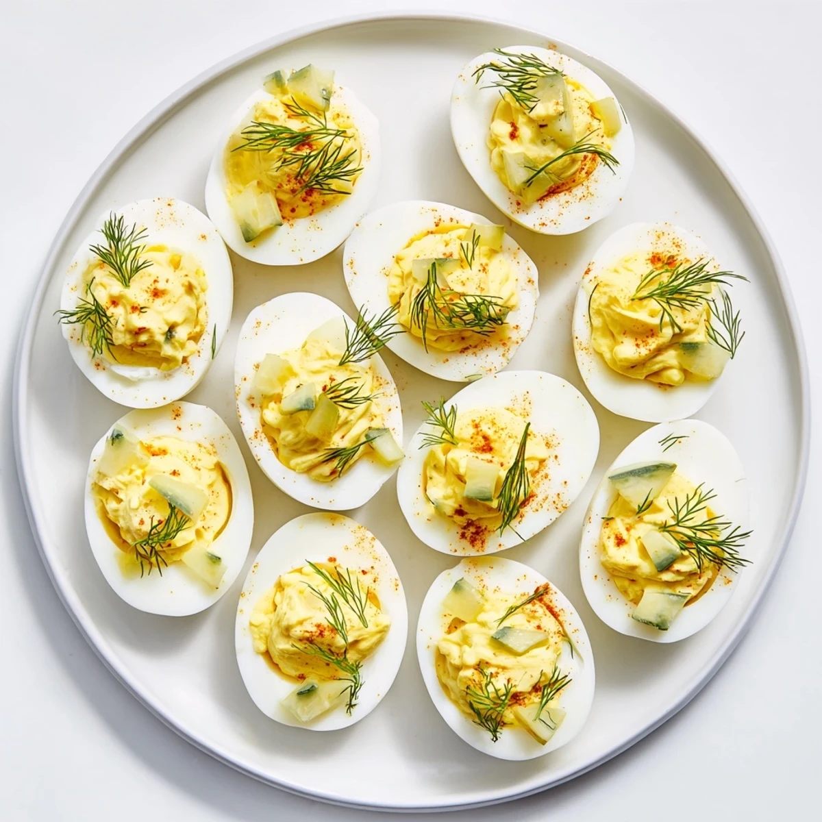 Golden Simple Dill Pickle Deviled Eggs filled with tangy yolk mixture and sprinkled with smoked paprika