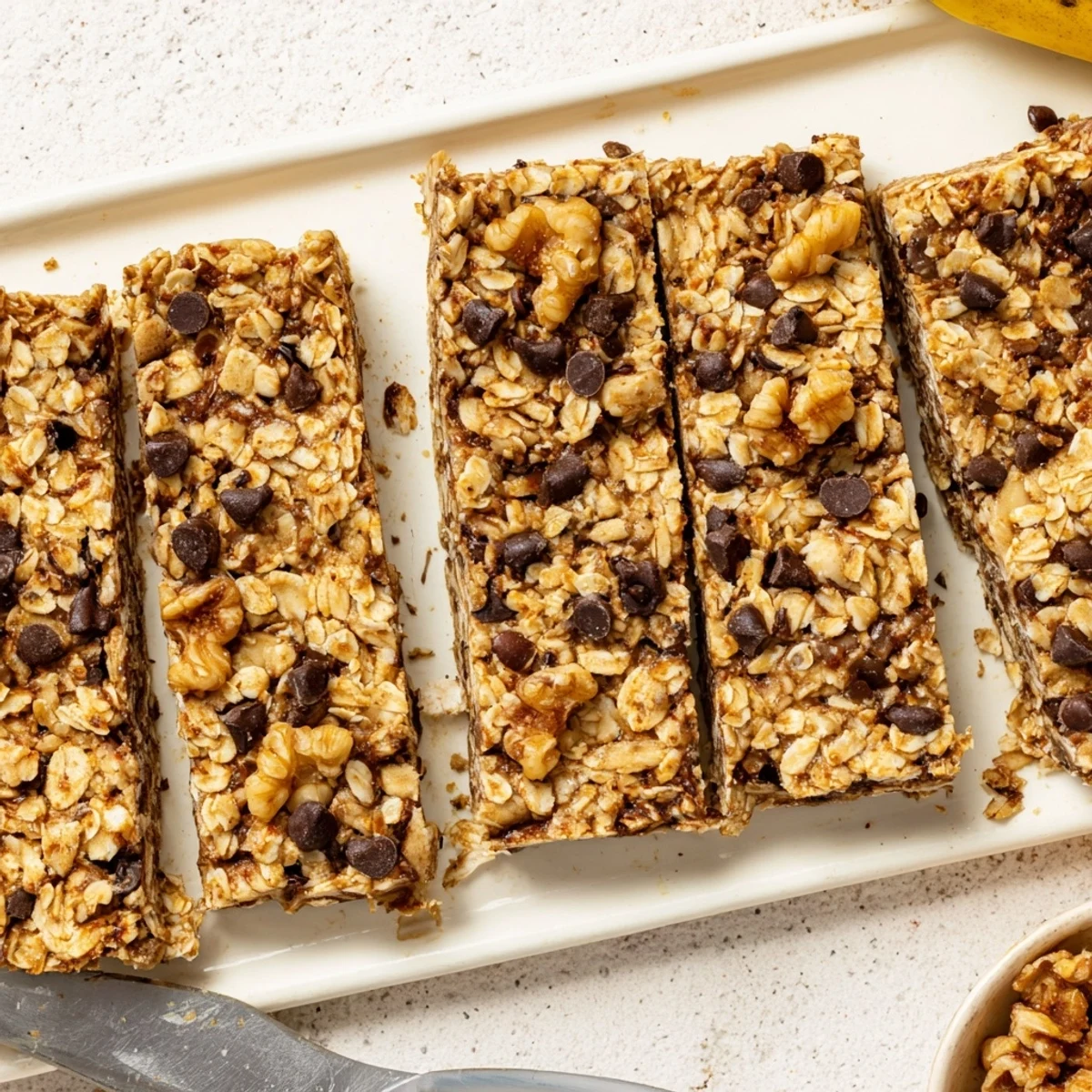 Golden baked banana oat bars sliced into squares on a wooden cutting board