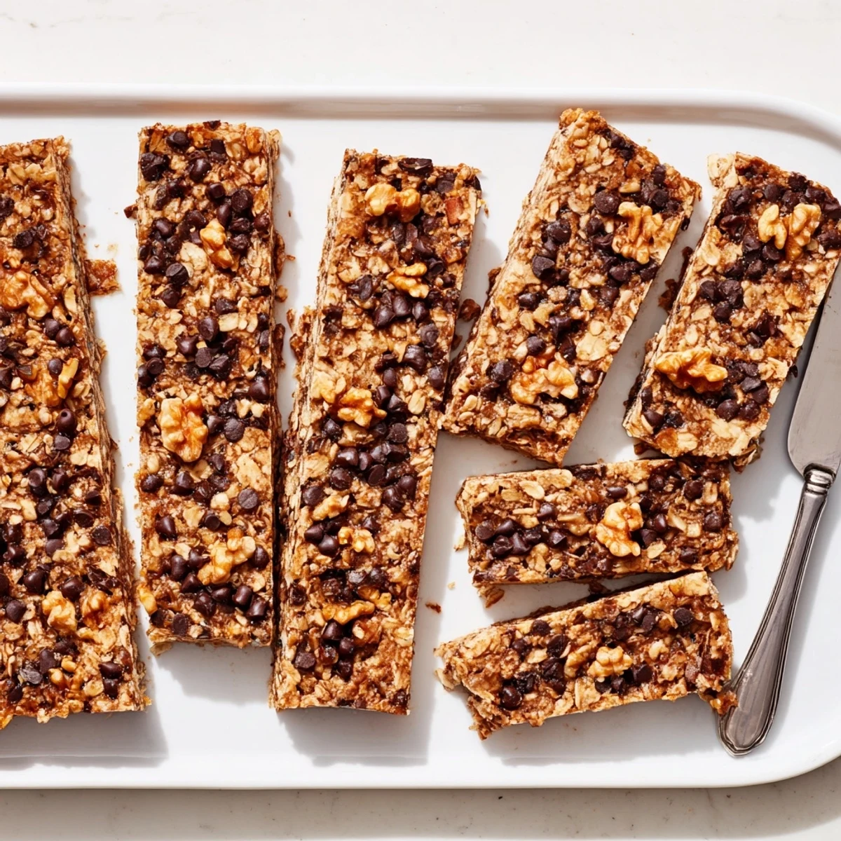 Chewy homemade banana oat bars topped with melted chocolate chips and chopped walnuts