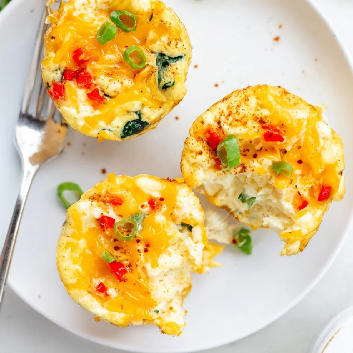 Warm High Protein Egg White Bites With Cottage Cheese, spinach flecks and savory cheddar