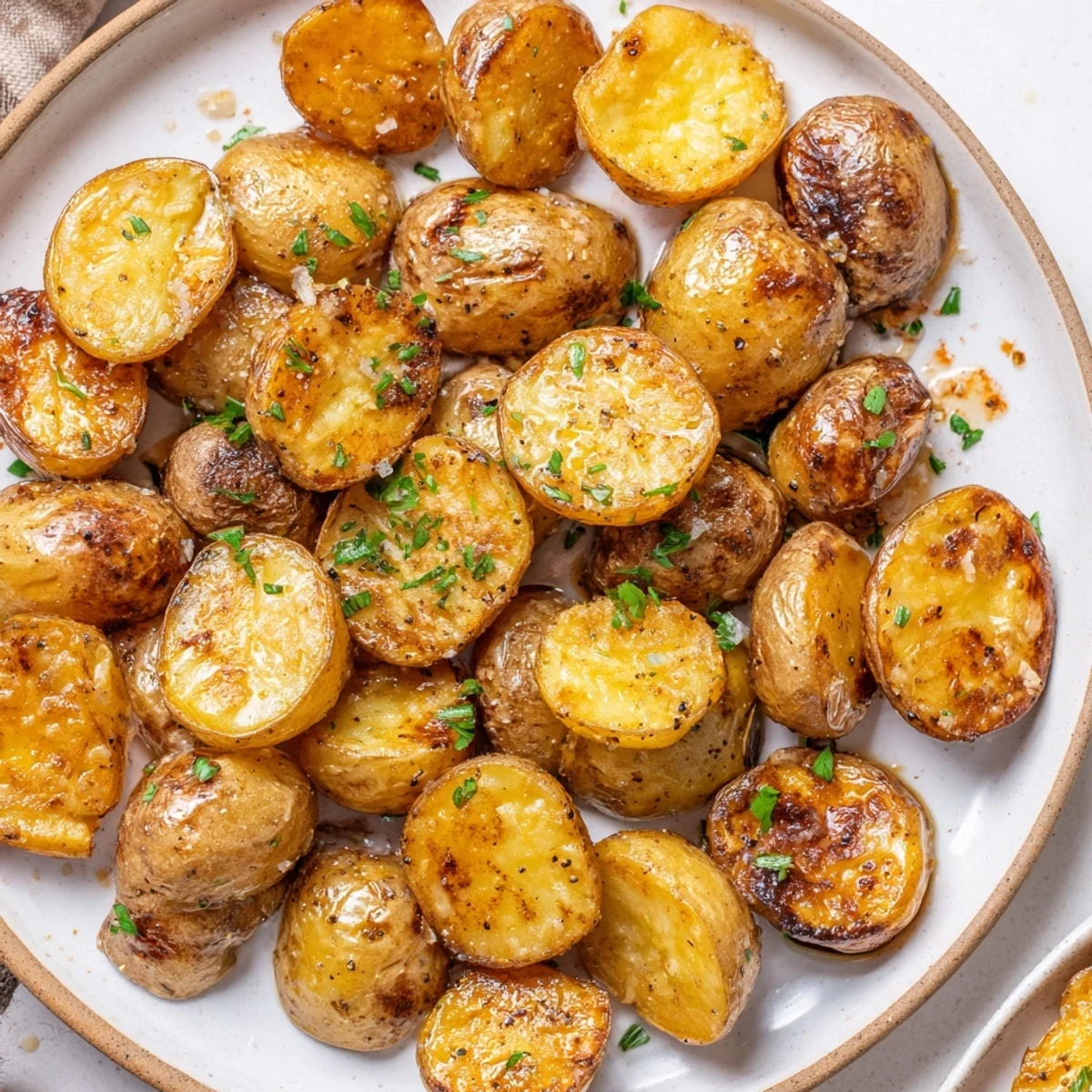 Crispy Oven Roasted Baby Potatoes, golden and crackling, served hot with parsley.