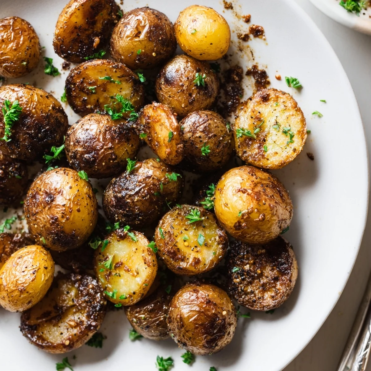 Crispy Oven Roasted Baby Potatoes seasoned with rosemary and smoked paprika, steaming.