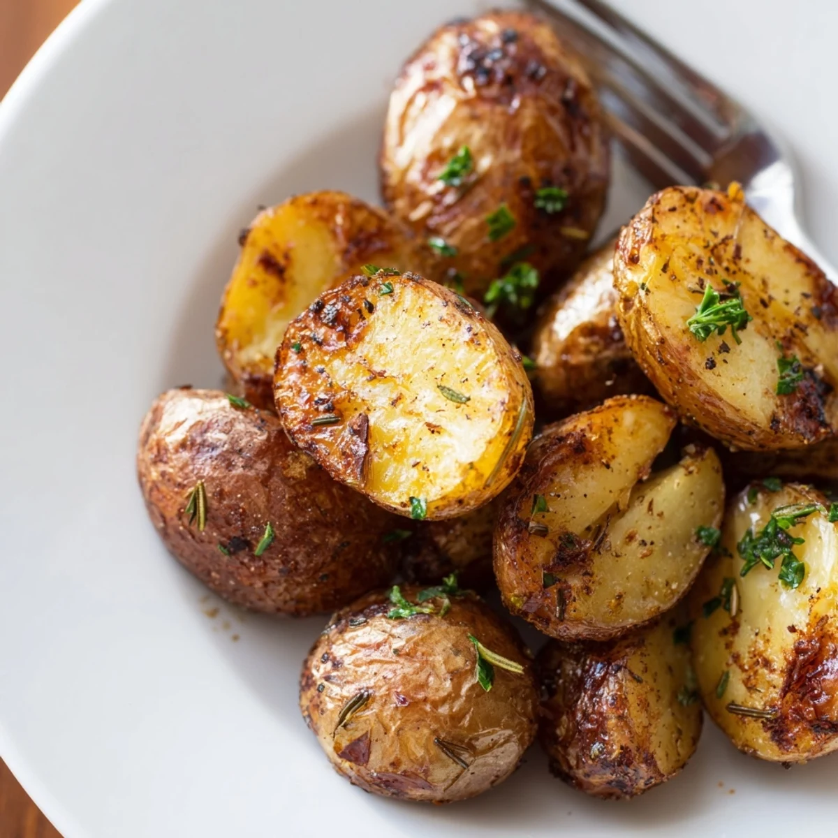 Tray of Crispy Oven Roasted Baby Potatoes, crisp edges and fluffy centers.