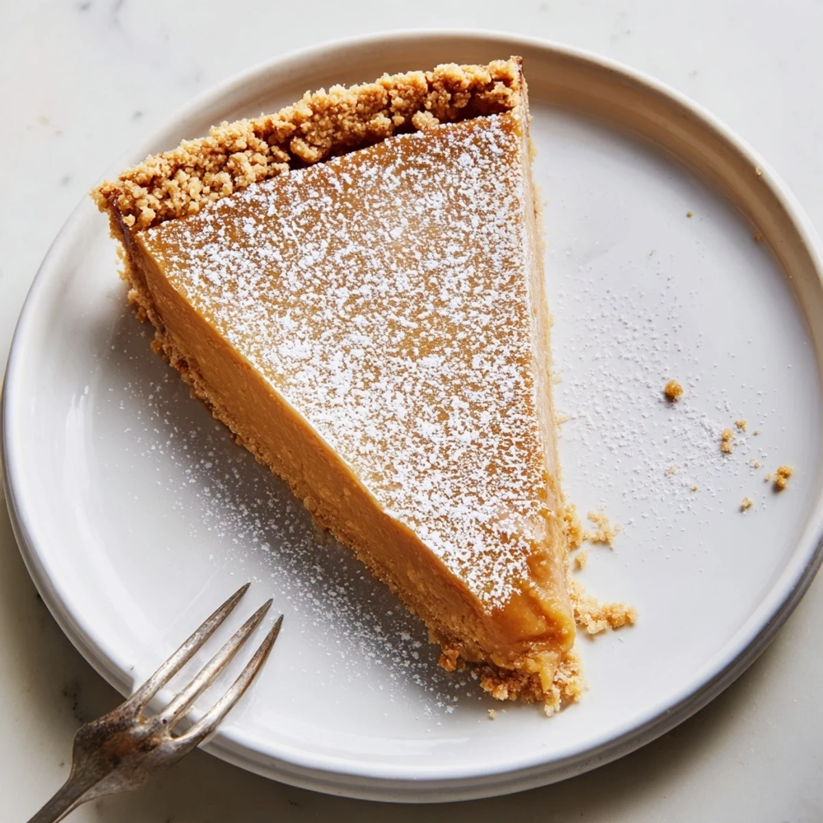 Chilled Milk Bar Crack Pie wedge with powdered sugar topping and tender caramelized center