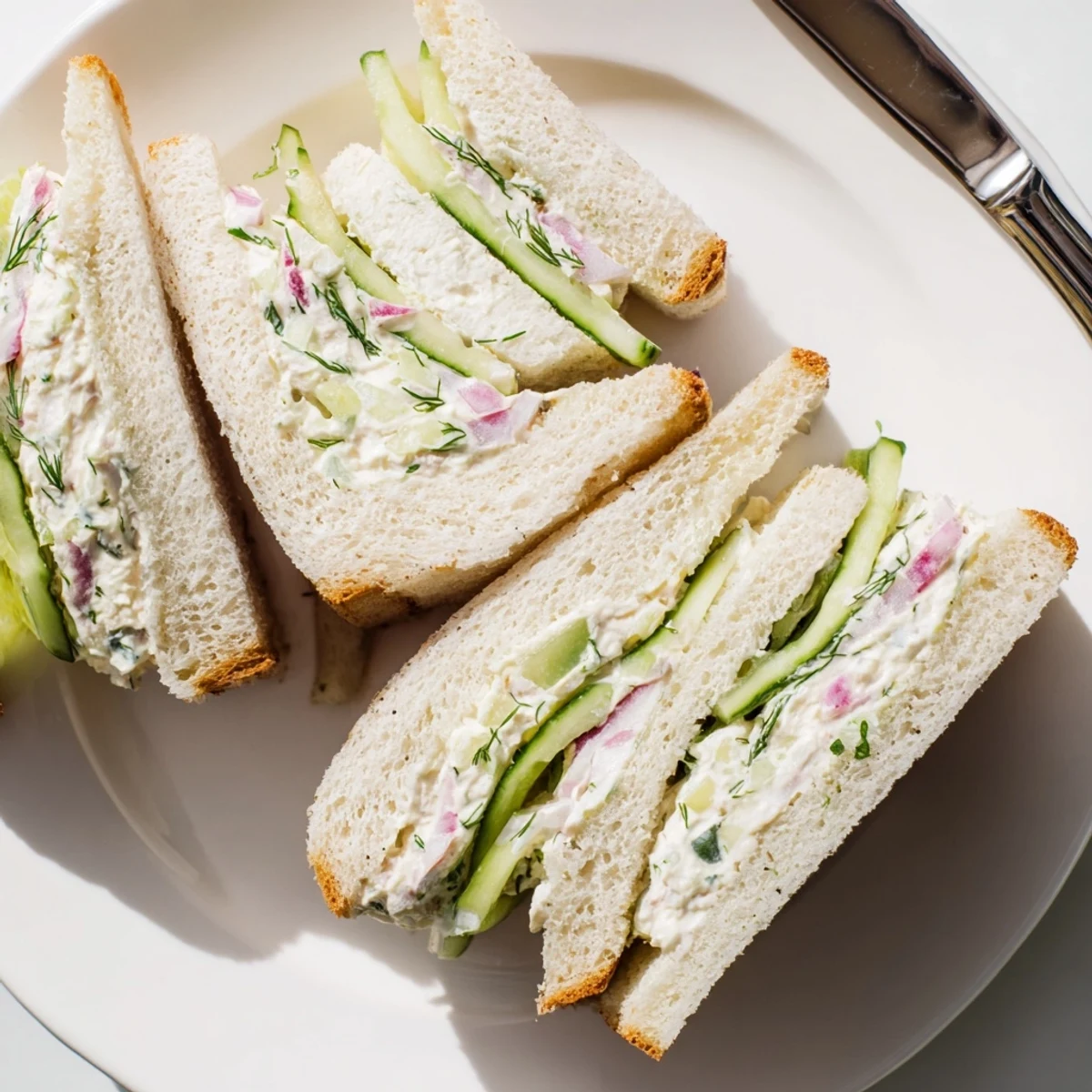 Quartered cucumber tea sandwiches featuring herbed cream cheese spread and thinly sliced vegetables