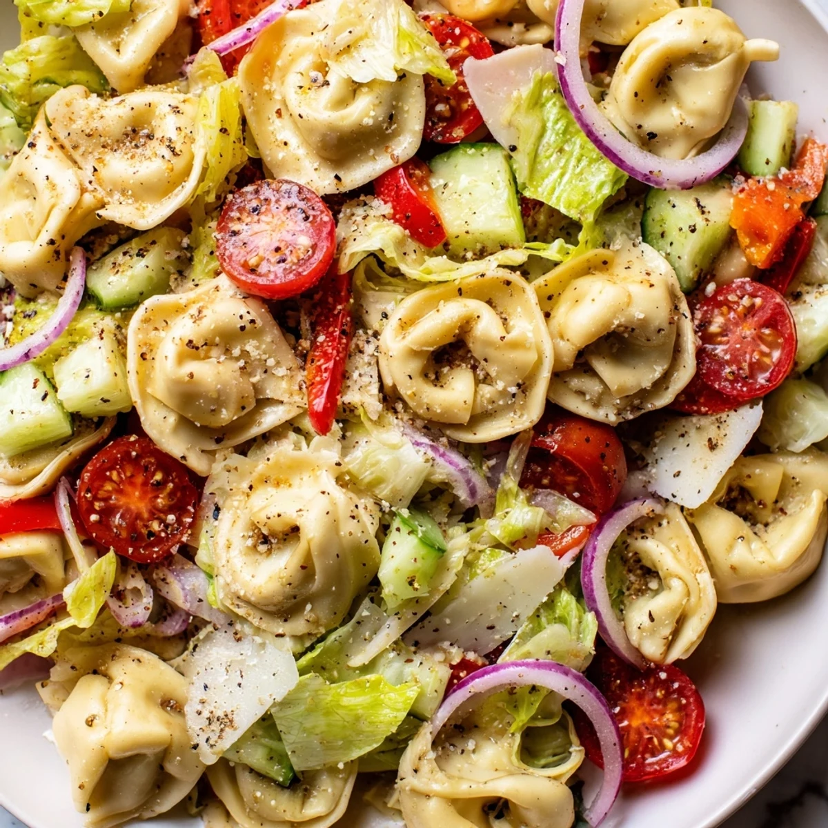 Vibrant pasta dish showing fresh grinder tortellini salad recipe topped with grated Parmesan and black pepper