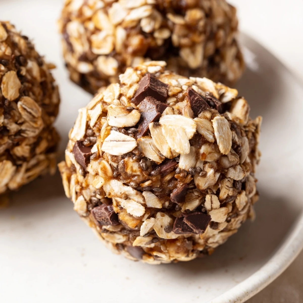 Homemade banana bread energy balls rolled with oats, walnuts, and dark chocolate chips