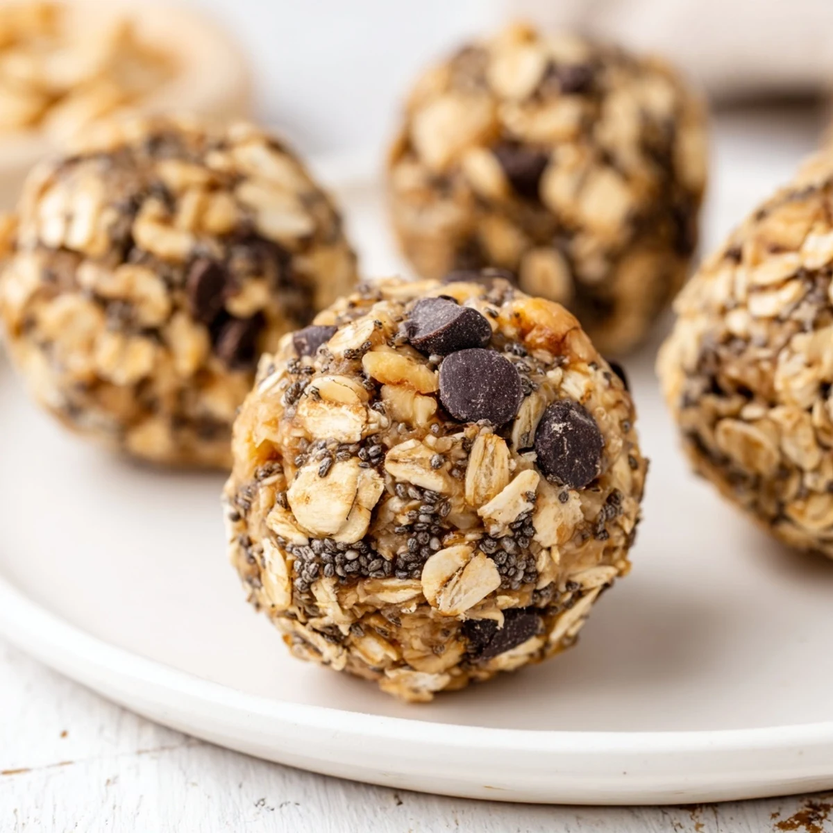 Bite-sized banana bread energy balls topped with mini chocolate chips ready for healthy snacking