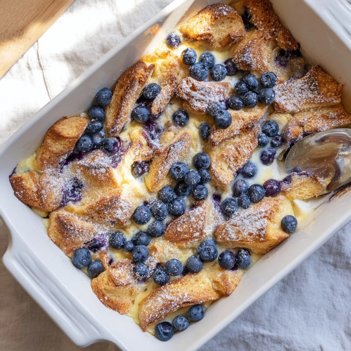 Golden brown blueberry cream cheese croissant casserole with bubbling berry juices and powdered sugar dusting