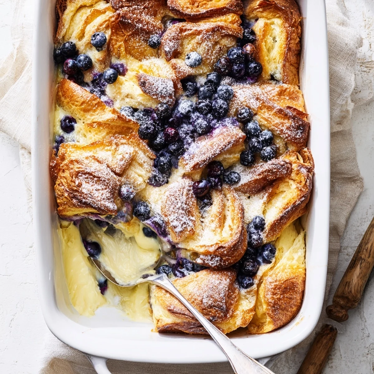 Buttery croissant pieces baked in creamy vanilla custard with plump blueberries for a comforting breakfast bake