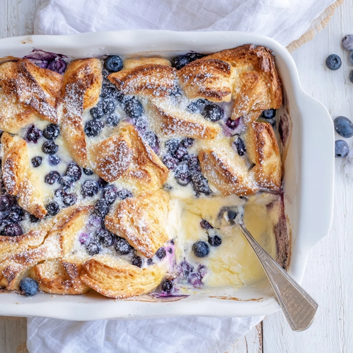 Slices of warm blueberry cream cheese croissant casserole showing tender soaked bread and burst berries inside