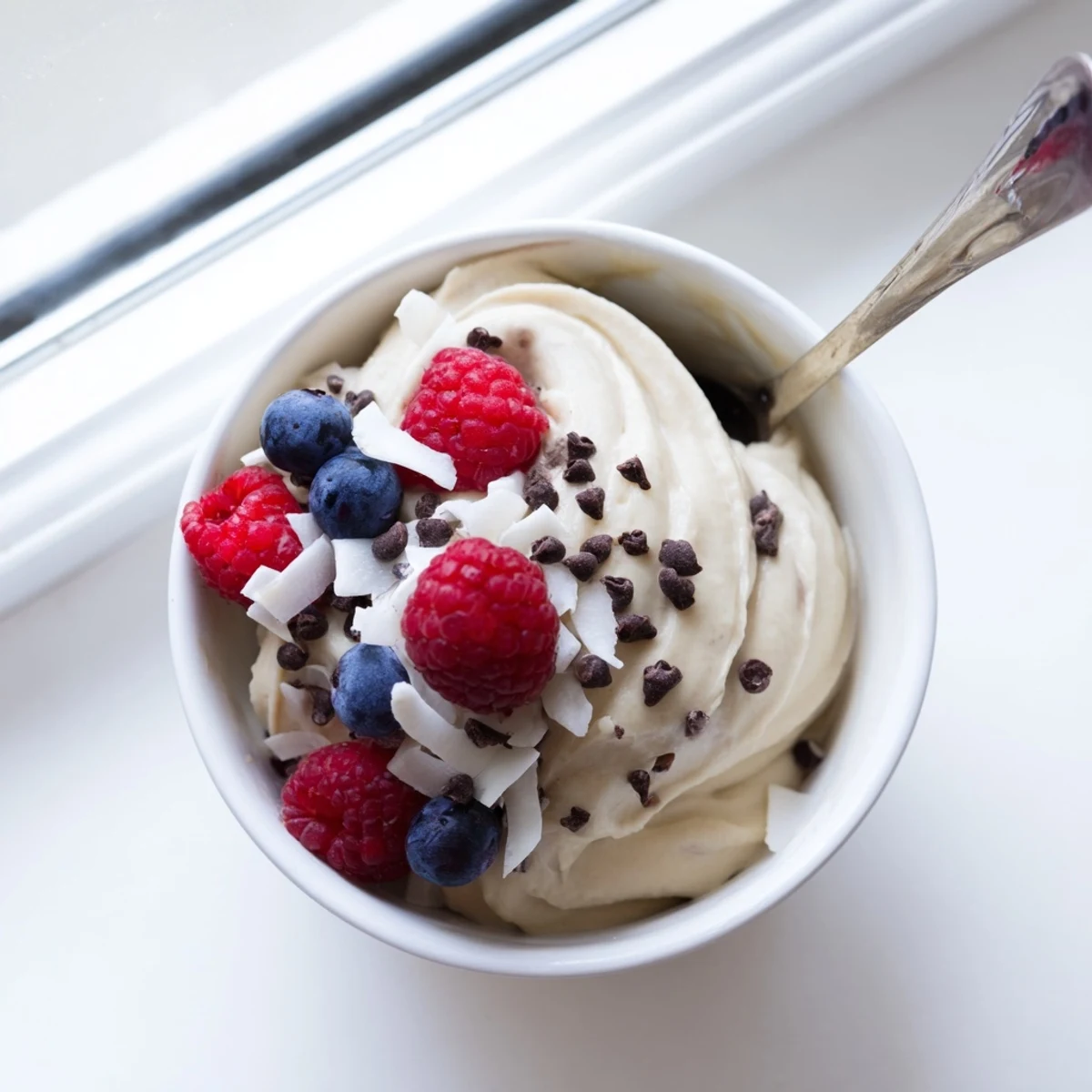 Creamy healthy nice cream topped with fresh berries and coconut flakes in a chilled bowl.