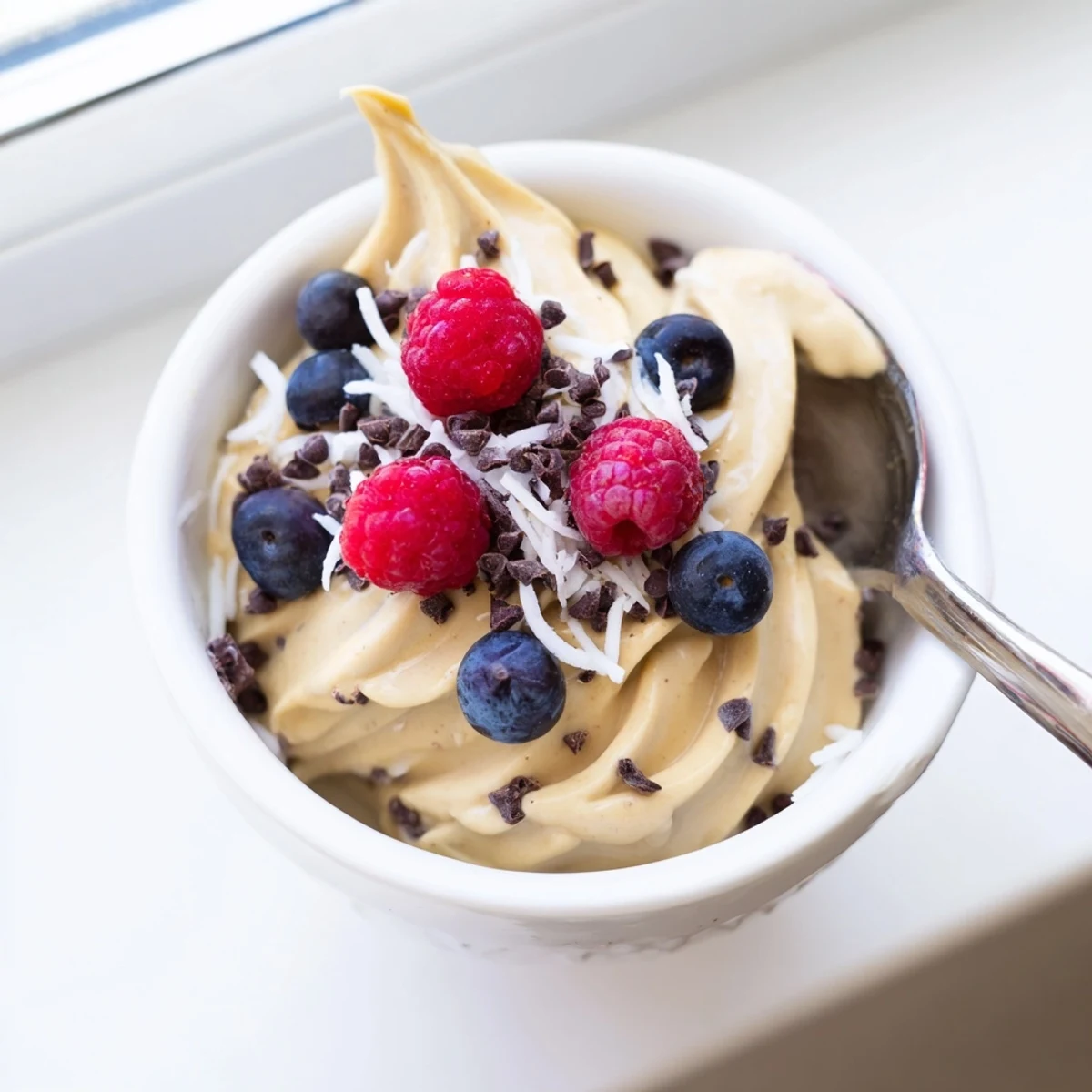 Vibrant healthy nice recipe scooped into a glass bowl topped with colorful mixed berries.