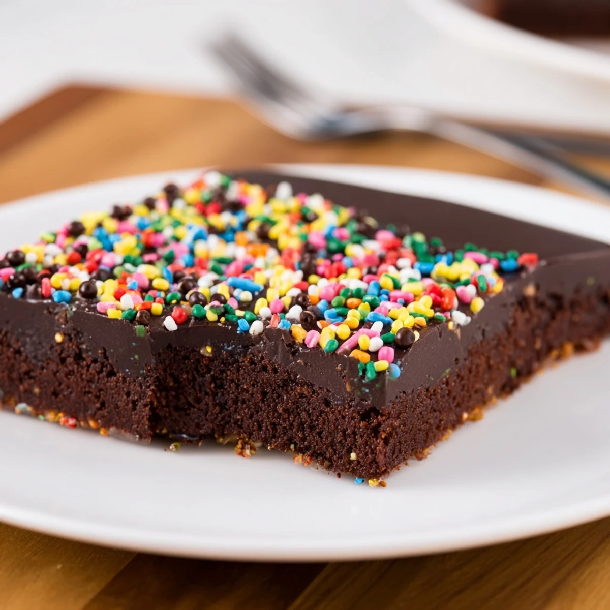 Slice of Gourmet Cosmic Brownies Bars with glossy ganache and rainbow sprinkles