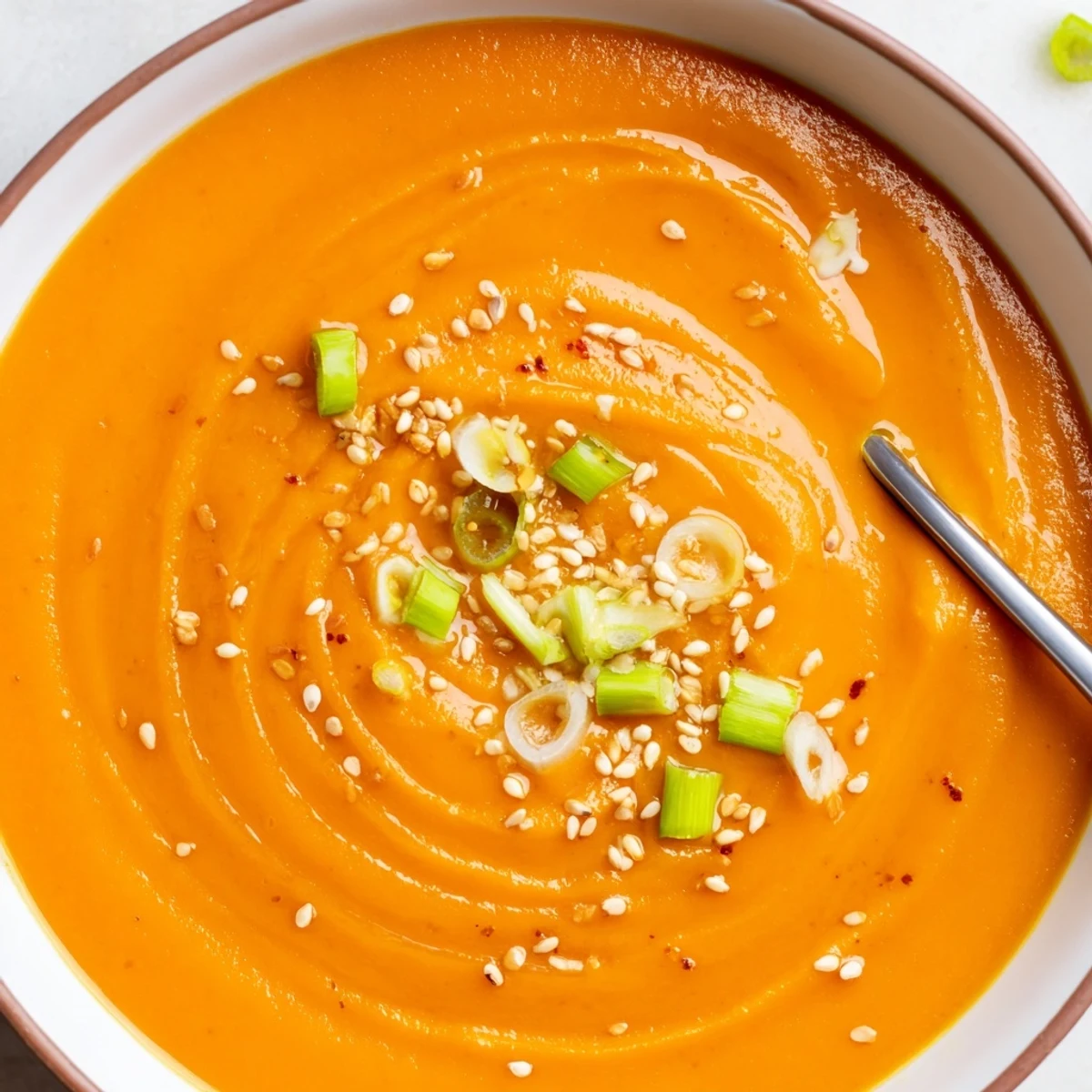 Bowl of Carrot Ginger Miso Soup Recipe served steaming with sesame drizzle.