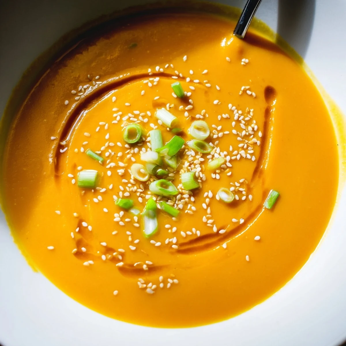 Carrot Ginger Miso Soup Recipe showing silky orange puree garnished with scallions.