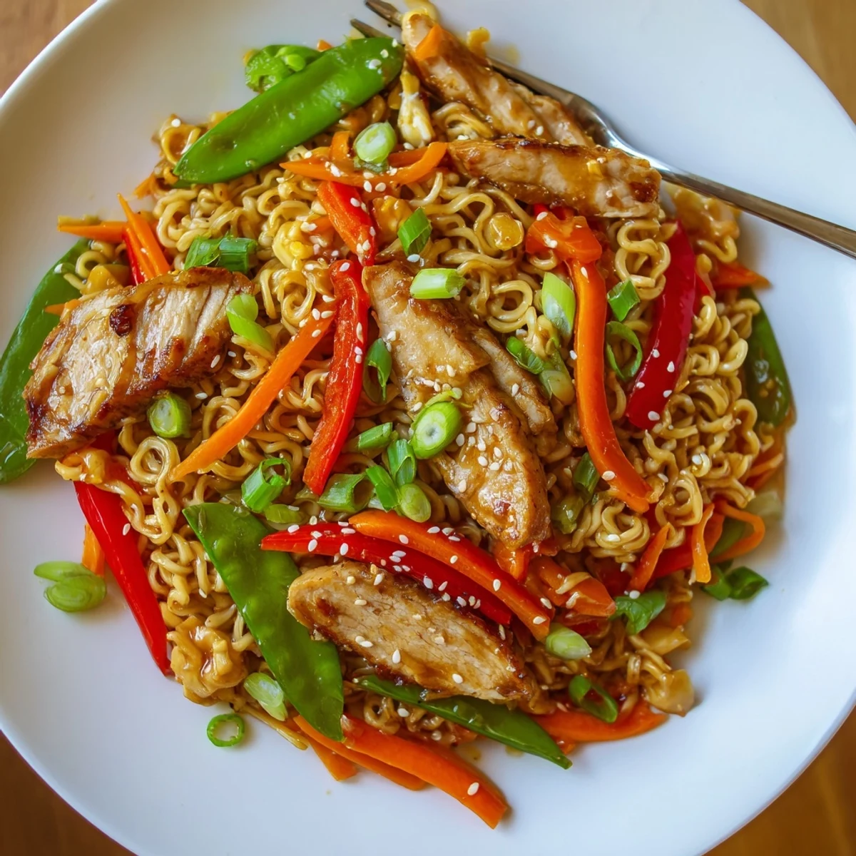 Chicken Ramen Stir Fry glistening in sesame sauce, tender chicken and crisp vegetables