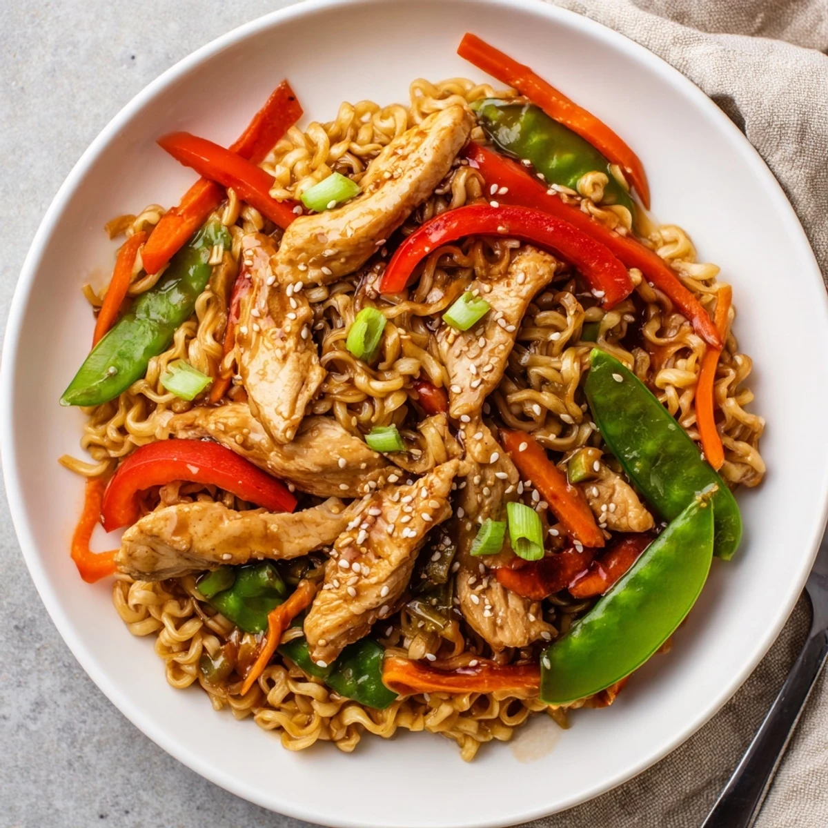 Warm Chicken Ramen Stir Fry tossed with savory sauce, toasted sesame garnish