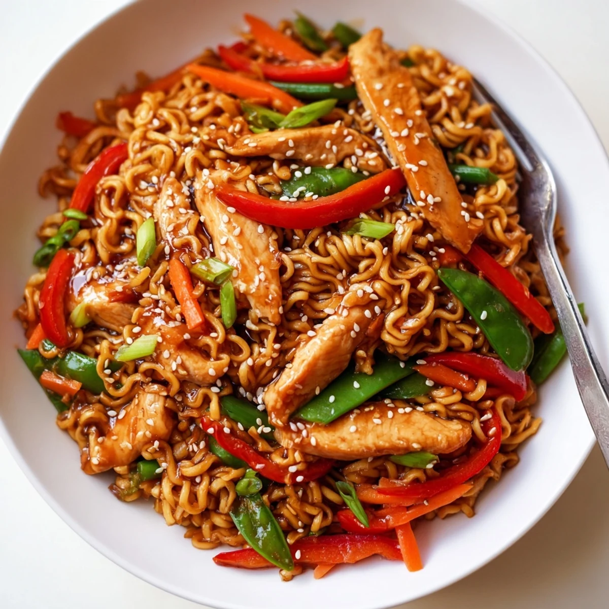 Weeknight Chicken Ramen Stir Fry served hot with bright snap peas, crunchy carrots
