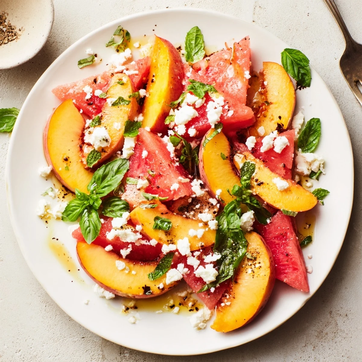Peach Watermelon Salad With Feta glistening in citrus-honey dressing, mint garnish.