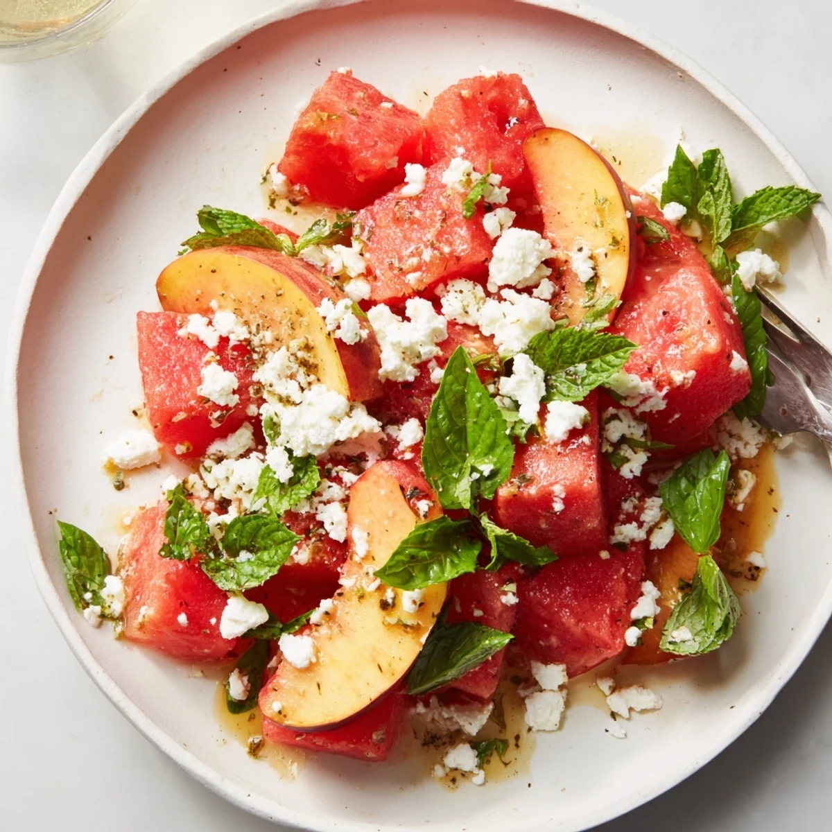 Chilled Peach Watermelon Salad With Feta tossed gently, perfect for summer picnics.