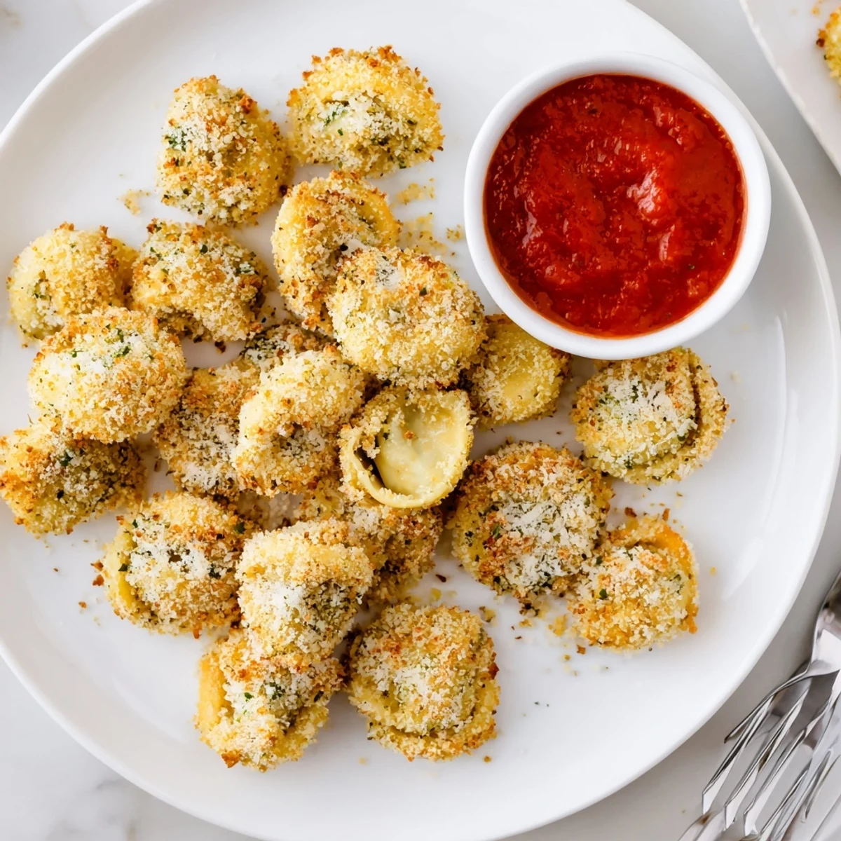 Warm Crispy Tortellini Party Snacks Recipe served steaming beside tangy marinara dip