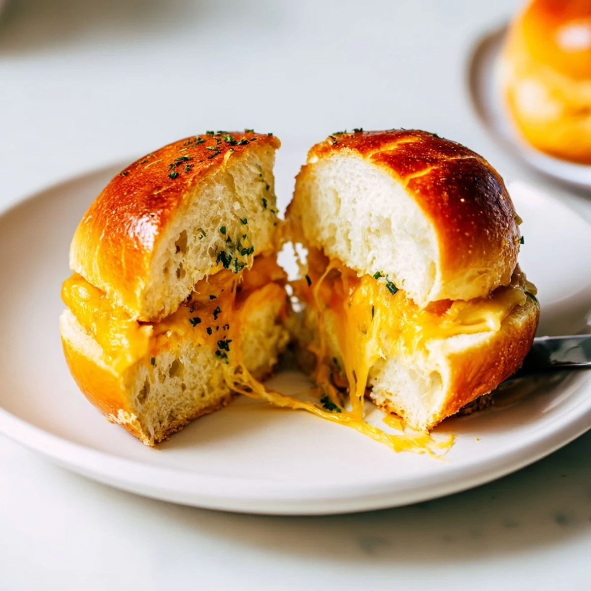 Warm Mini Grilled Cheese Hawaiian Rolls sliced, buttery garlic crust, melty interior