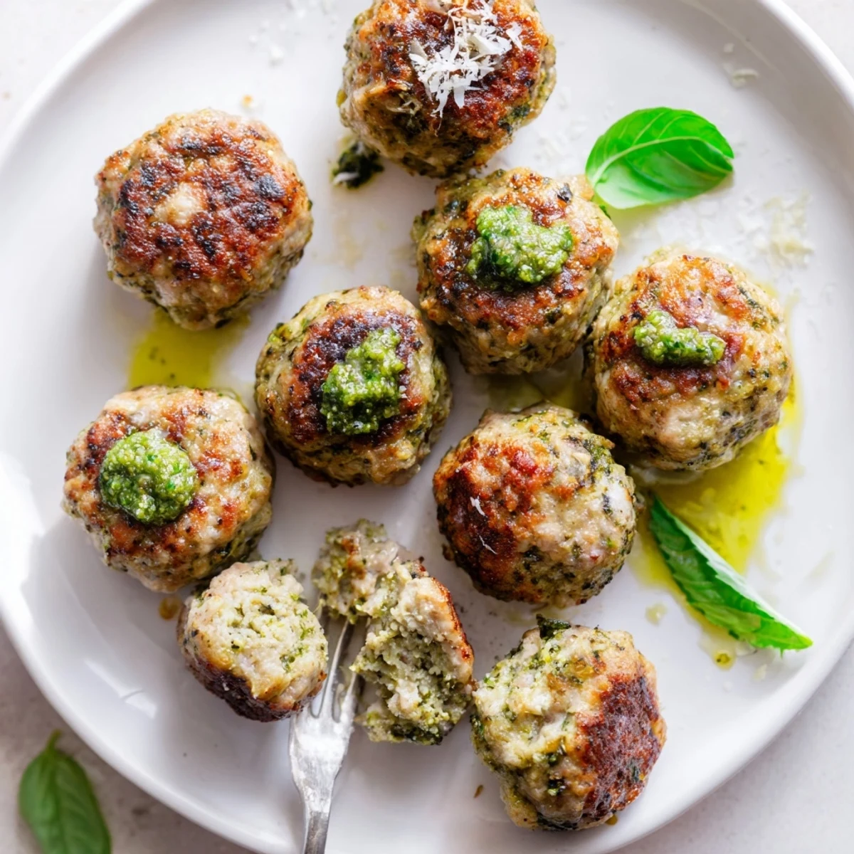 Juicy Pesto Baked Turkey Meatballs glistening with olive oil and grated Parmesan.