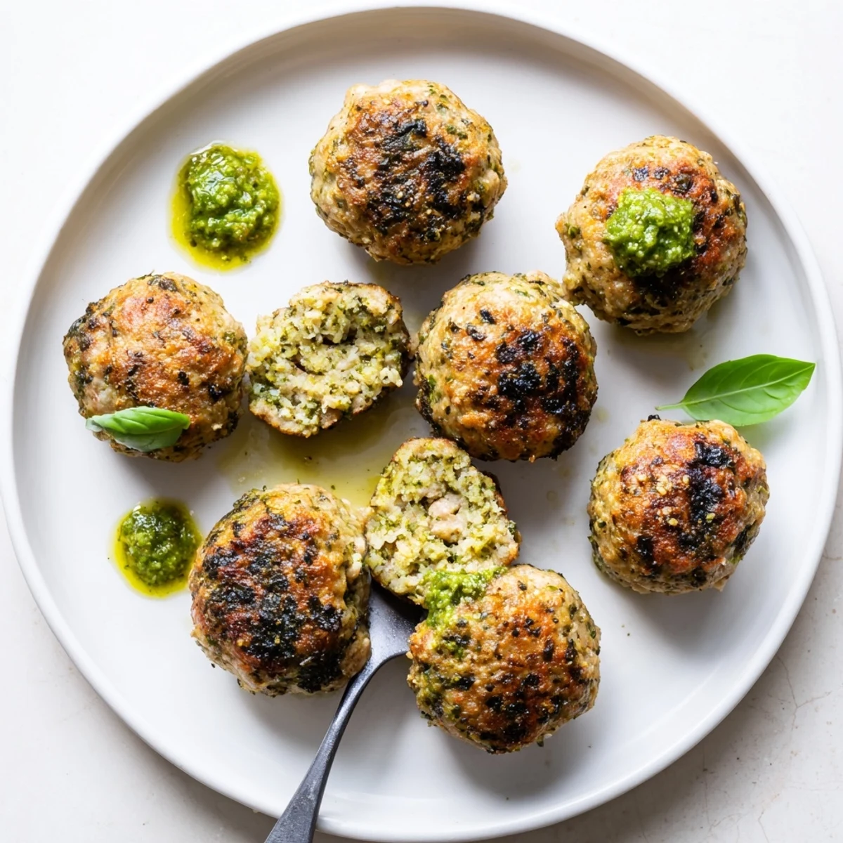 Pesto Baked Turkey Meatballs nestled on zucchini noodles, garnished with fresh basil.