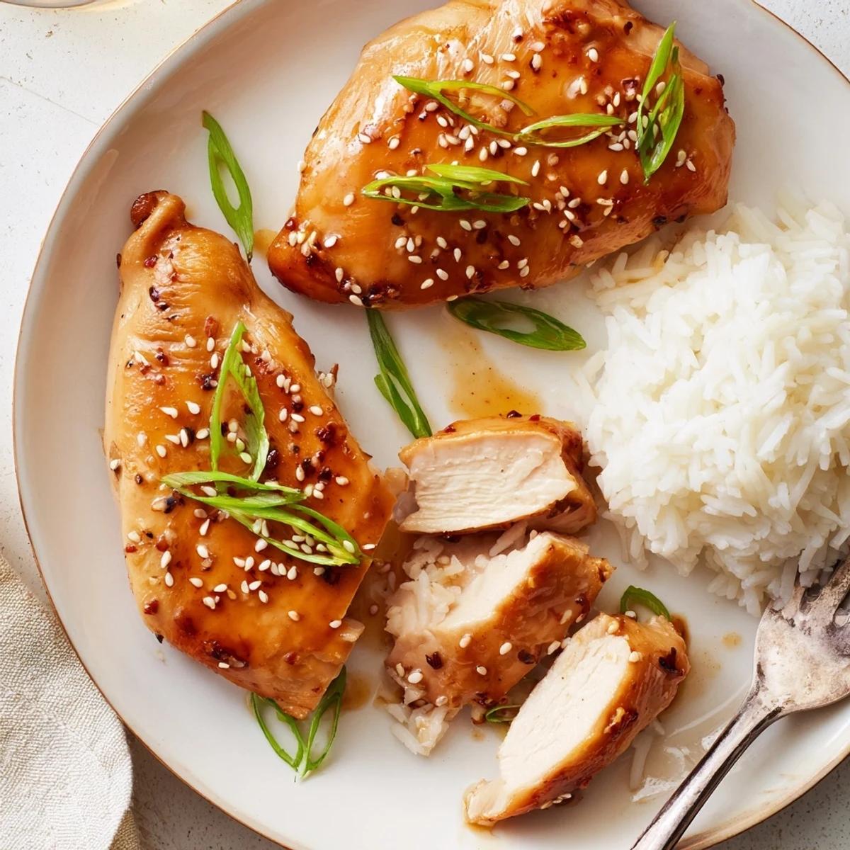 Caramelized Honey Soy Chicken thighs glistening, garnished with sesame seeds and green onions