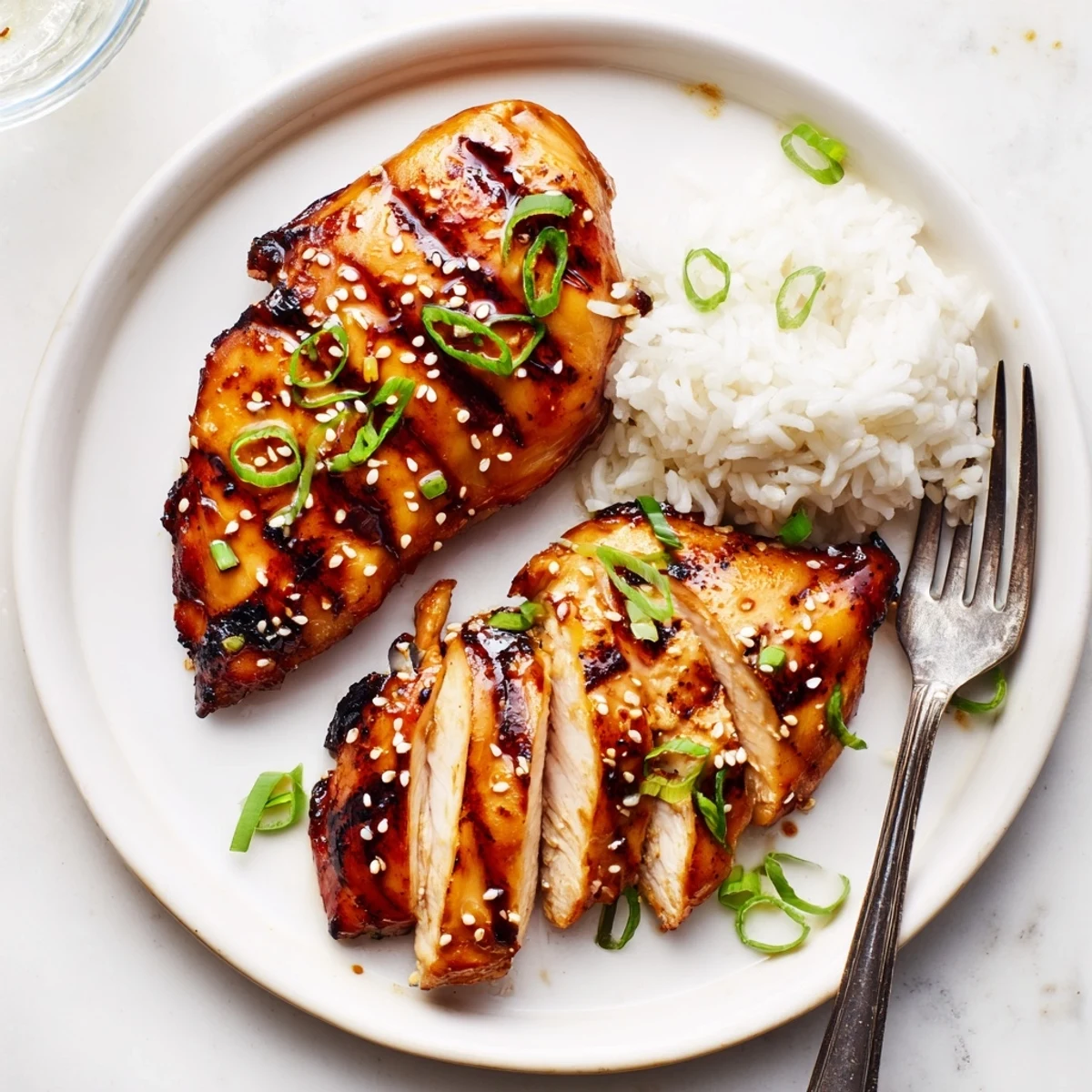 Sticky Honey Soy Chicken served over steamed rice, steam rising, bright green onion slices