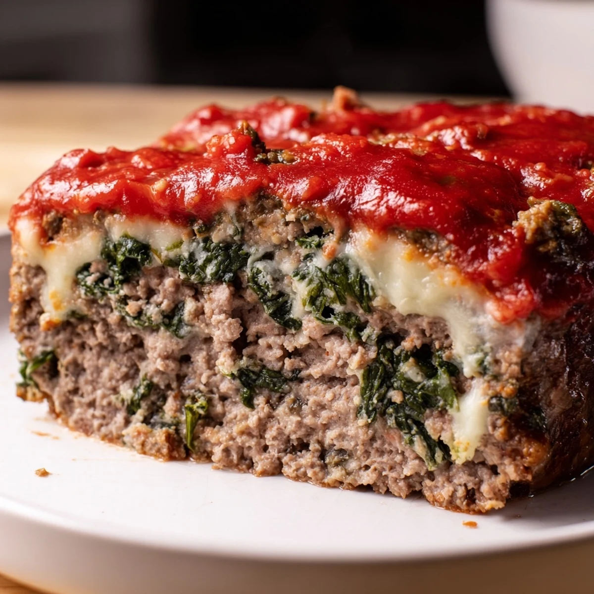 Golden brown Italian spinach mozzarella meatloaf sliced to reveal melted cheese and vibrant green spinach throughout
