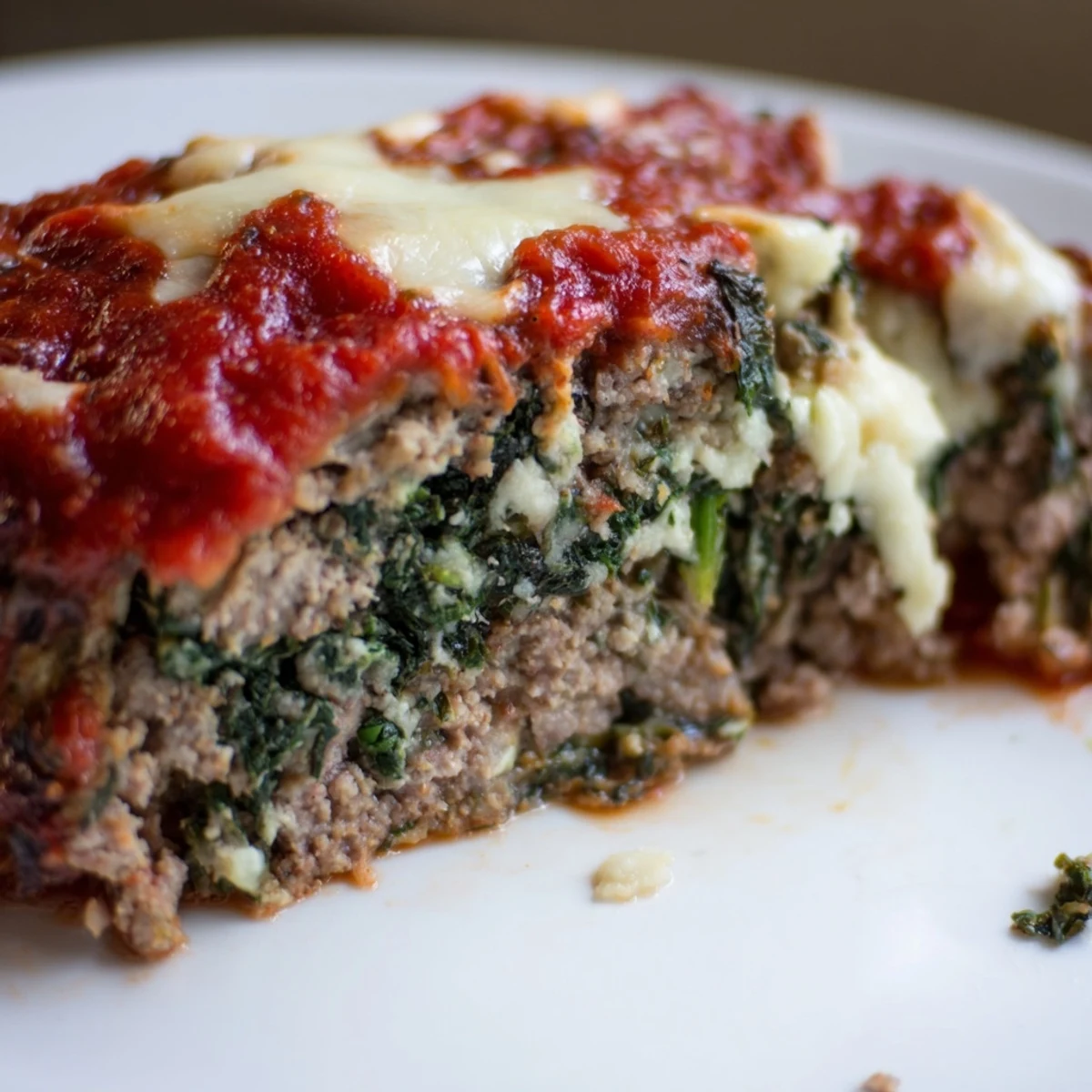 Juicy Italian spinach mozzarella meatloaf served on a white plate alongside roasted vegetables and extra sauce