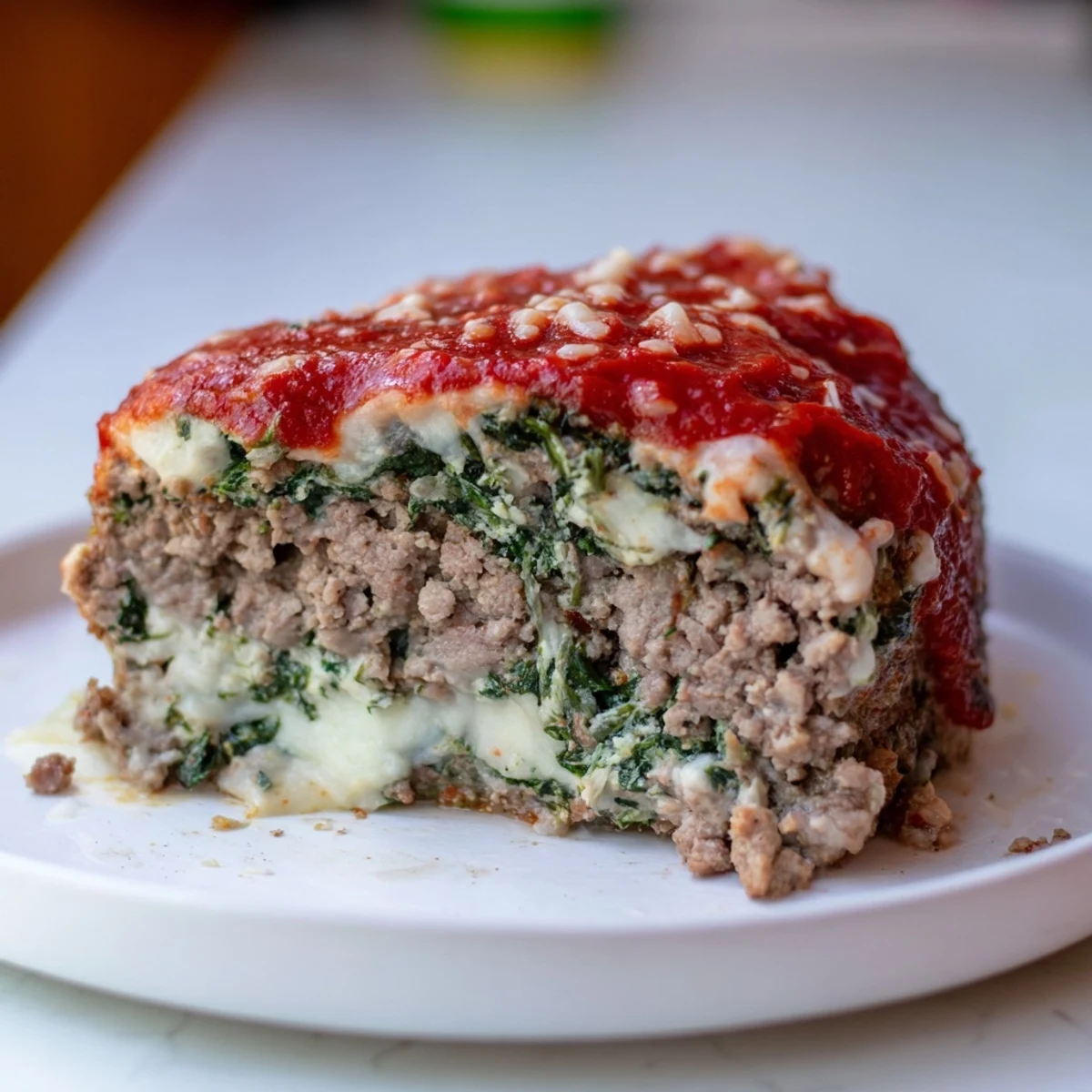 Savory Italian spinach mozzarella meatloaf topped with marinara sauce and garnished with fresh basil leaves