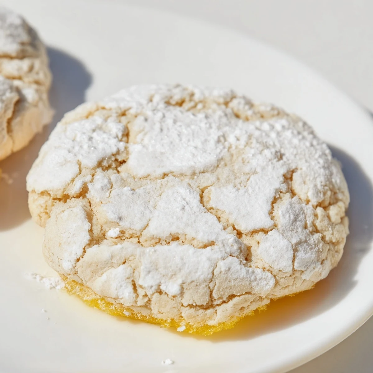 Golden lemon pixie cookies dusted with white powdered sugar on a baking sheet