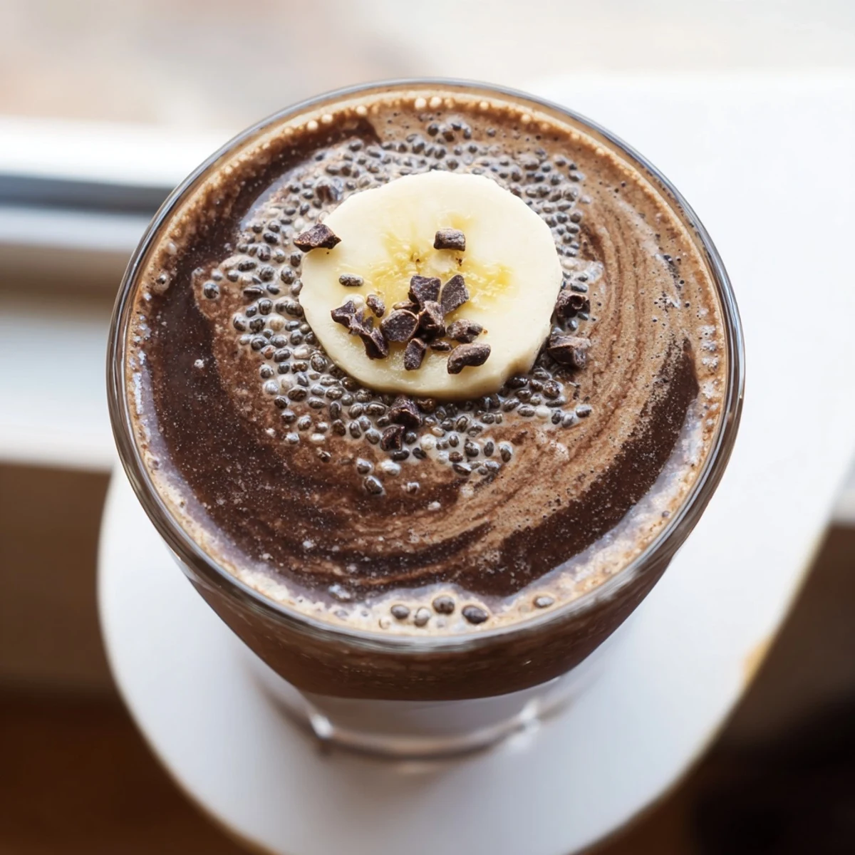Glass of rich raw chocolate banana shake topped with cacao nibs and fresh banana slices