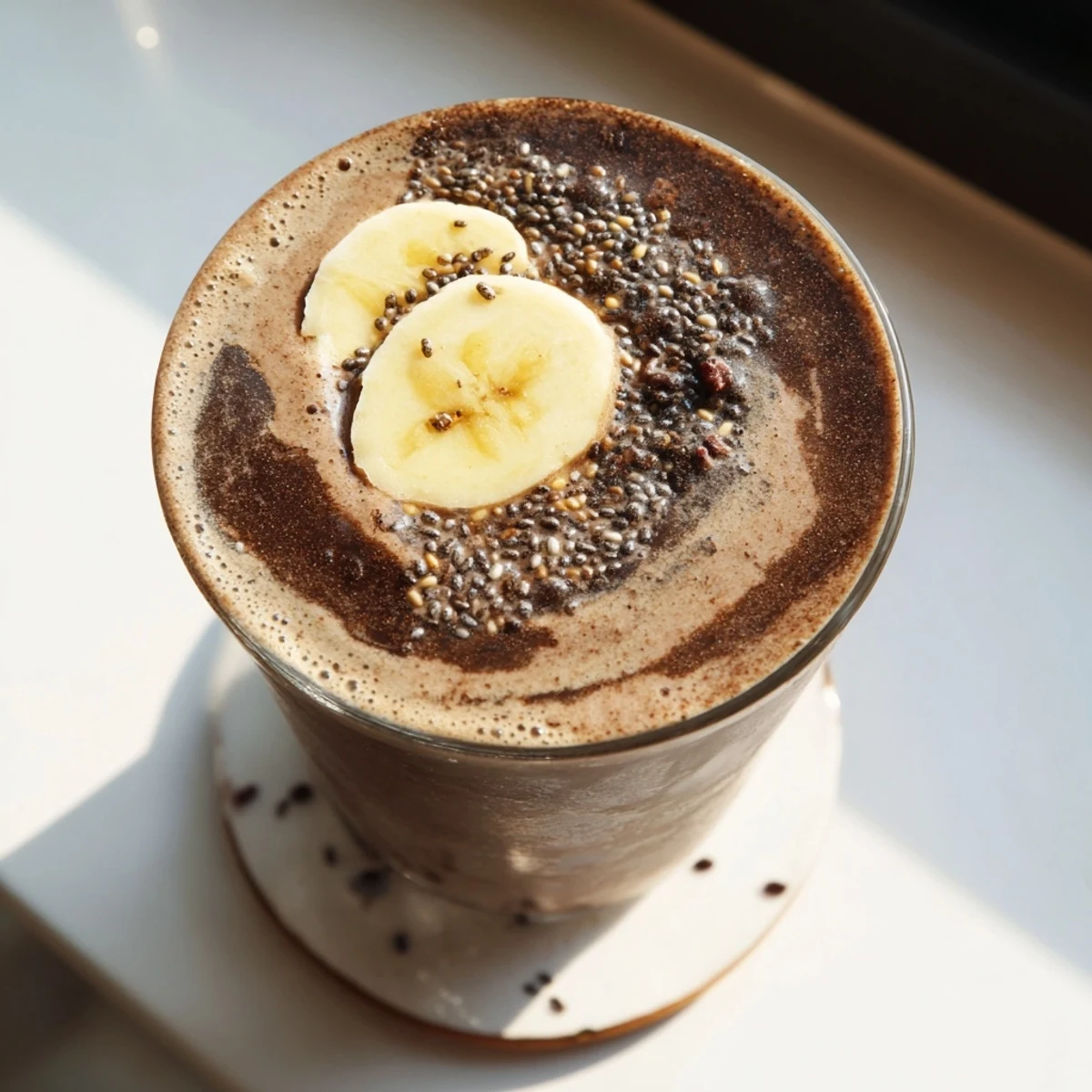 Creamy raw chocolate banana shake blended with frozen bananas and almond milk in a clear jar