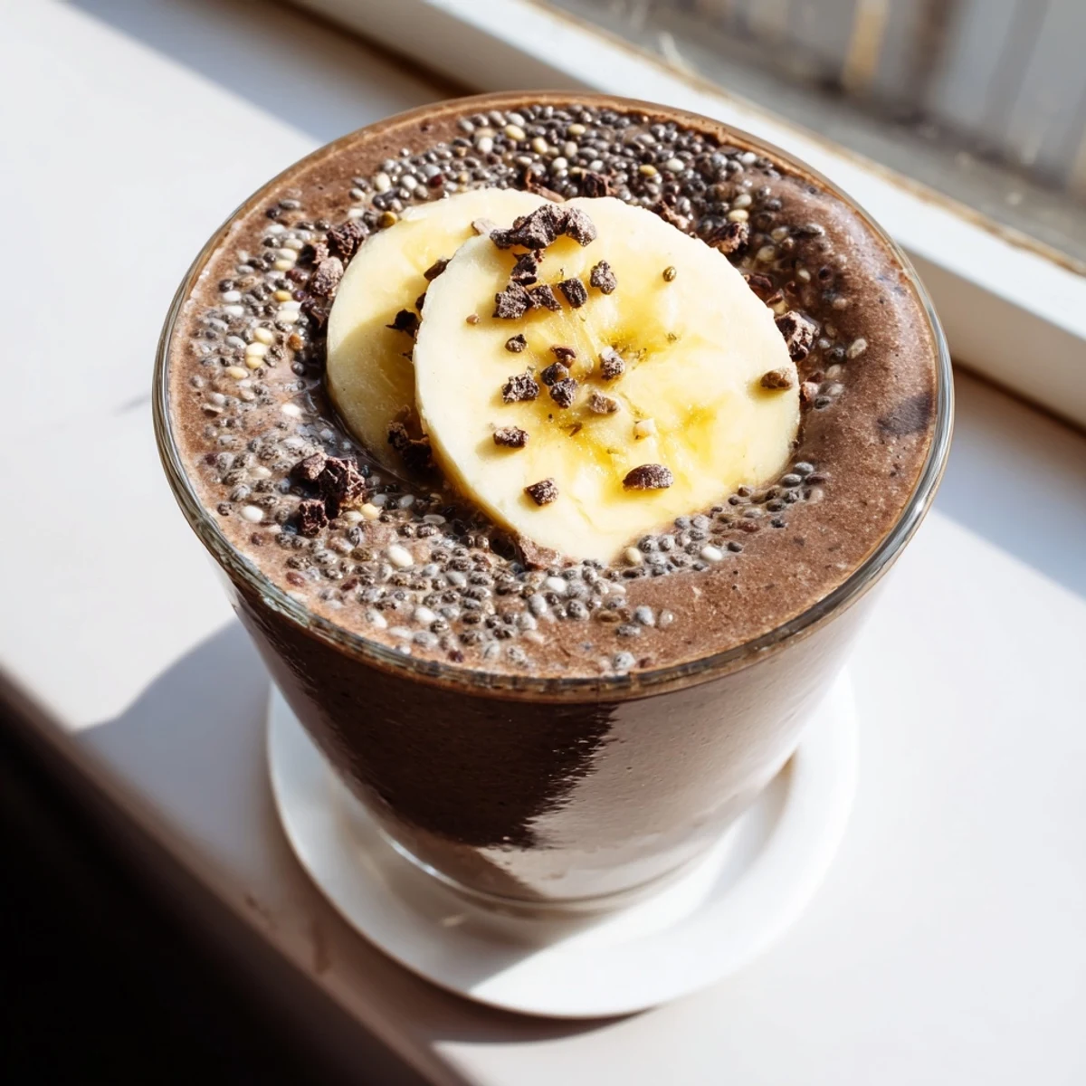 Thick raw chocolate banana shake garnished with cinnamon and served chilled with a straw
