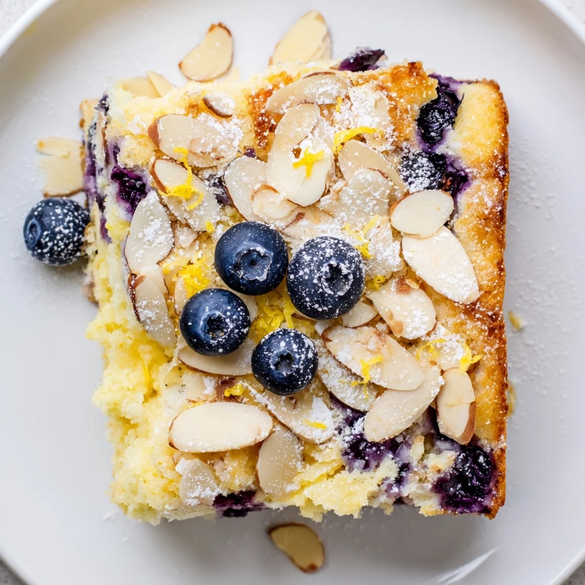 Golden lemon blueberry poke cake topped with crunchy toasted almonds and fresh blueberries on a white plate