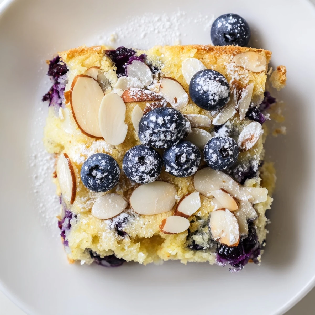 Moist lemon blueberry poke cake with almond crumble garnish, dusted with powdered sugar on a rustic wooden board