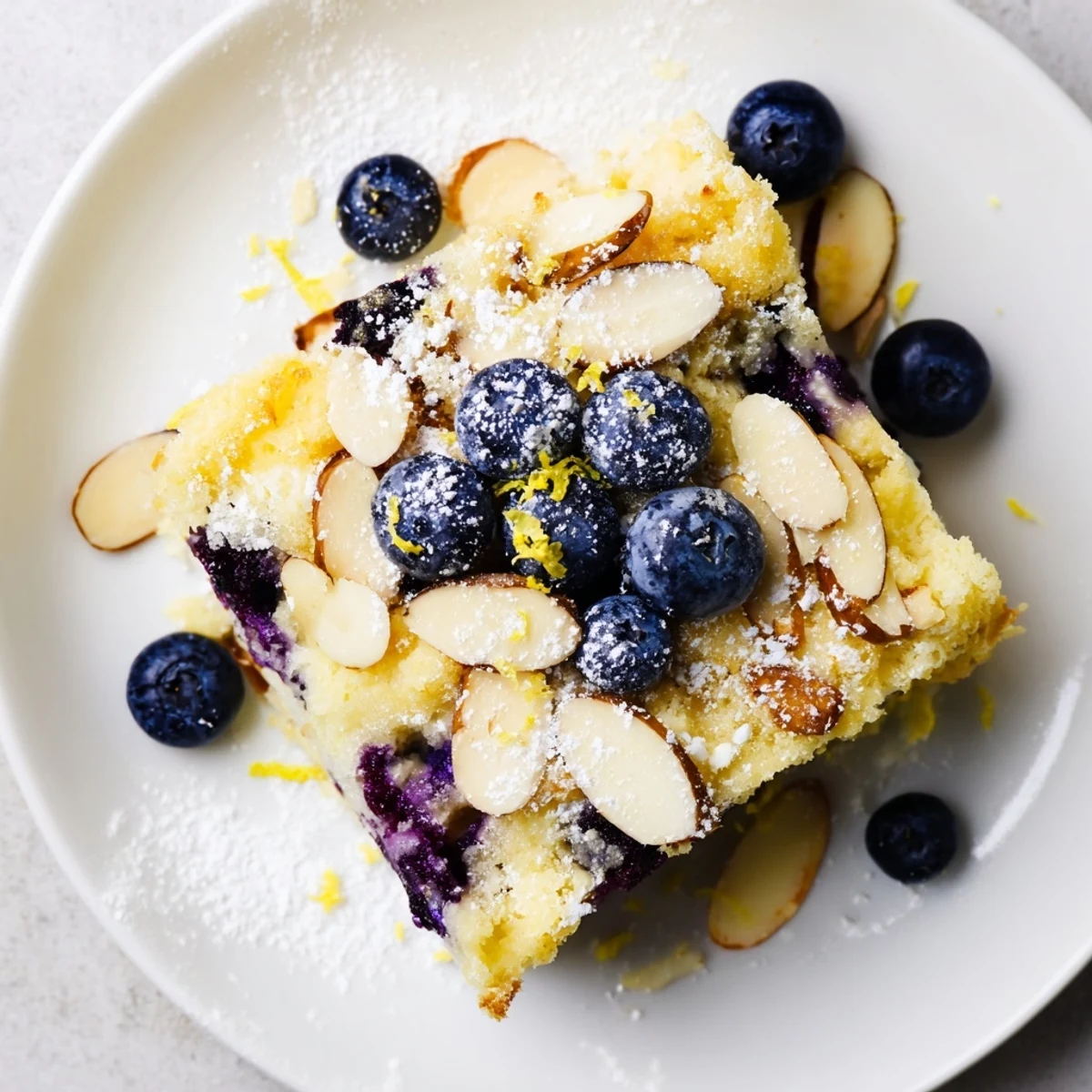 Slice of lemon blueberry poke cake showing pudding-filled layers with sweet almond topping and lemon zest sprinkles