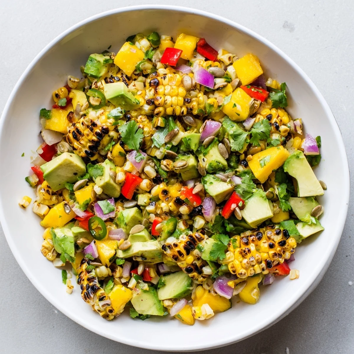 Colorful tropical charred corn and avocado salad bowl with fresh mango pineapple chunks