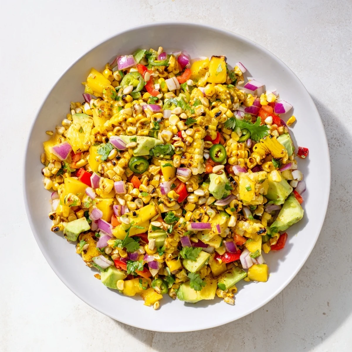 Vibrant summer salad featuring grilled corn kernels creamy avocado diced red bell pepper