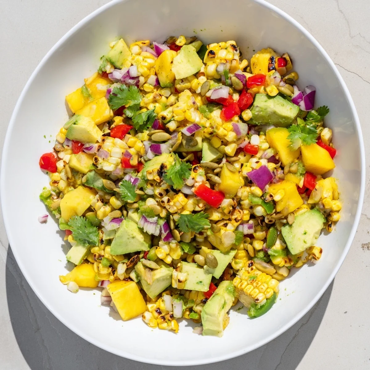 Zesty lime dressed tropical charred corn avocado salad topped with cilantro and pumpkin seeds