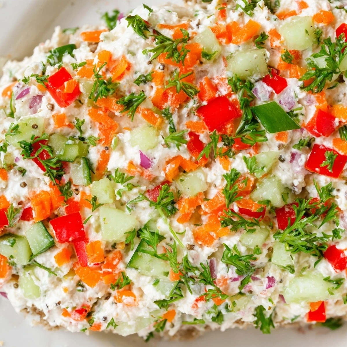 Creamy garden vegetable spread topped with colorful diced cucumbers, bell peppers, and fresh parsley on a serving platter