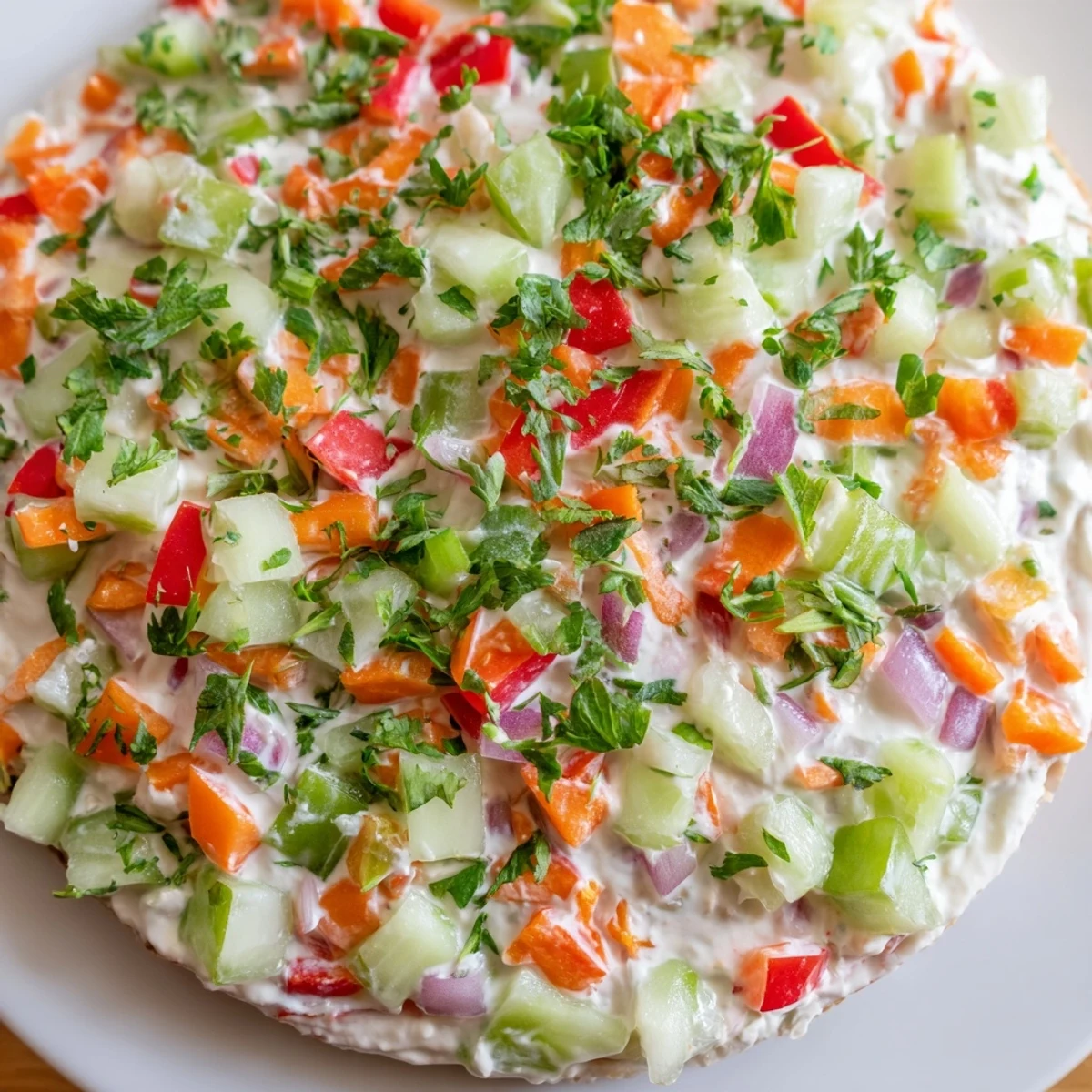 Vibrant vegetable dip showcasing finely chopped carrots, celery, and red onion blended into a smooth cream cheese base