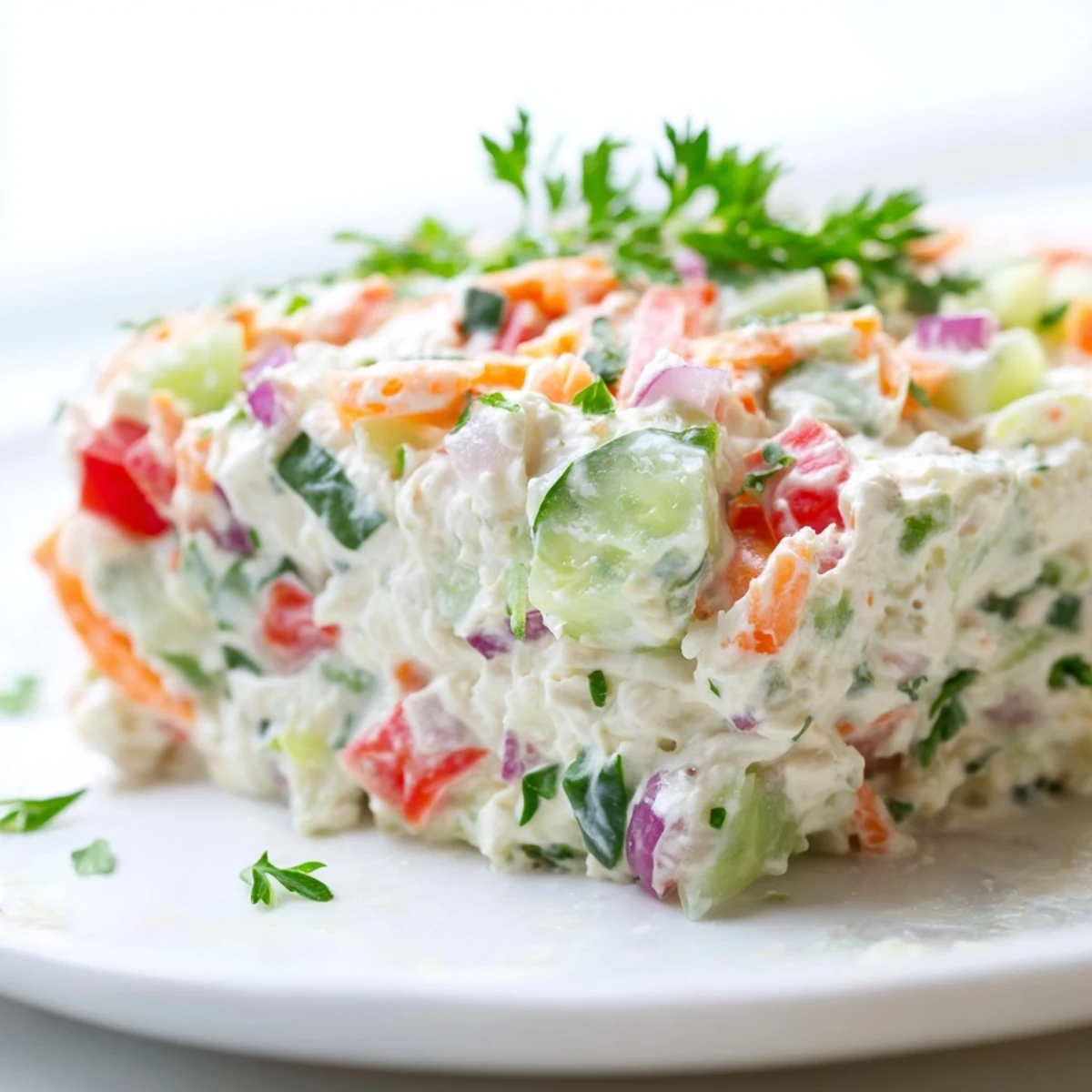 Garden vegetable spread served chilled with crackers, featuring a medley of fresh produce in a creamy appetizer