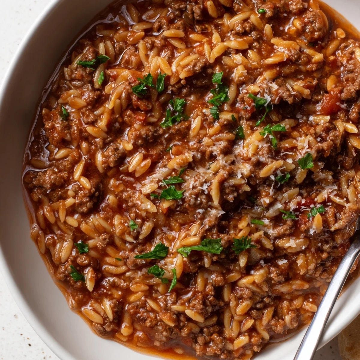 Ground Beef Orzo Greek Manestra bubbling in Dutch oven, tomato scent and parsley