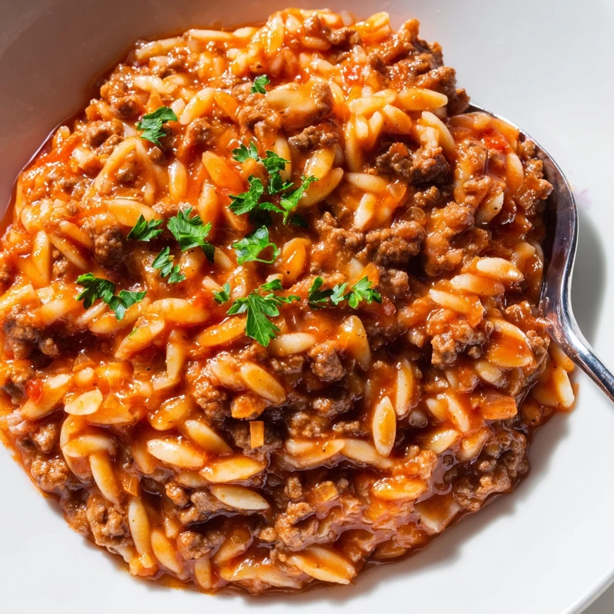 Hearty bowl of Ground Beef Orzo Greek Manestra topped with melted cheese