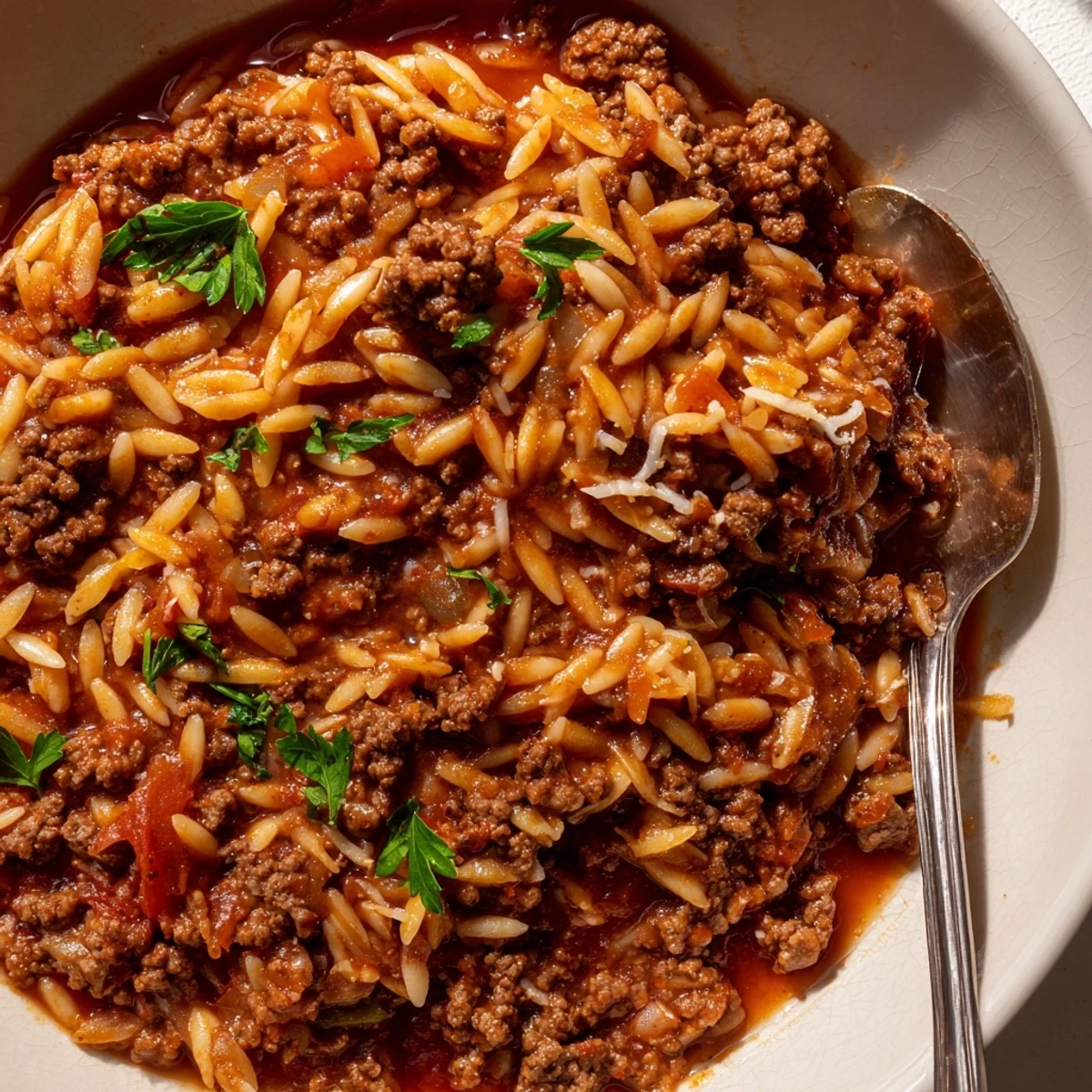 Spoonful of Ground Beef Orzo Greek Manestra steaming, cinnamon hint, crusty bread